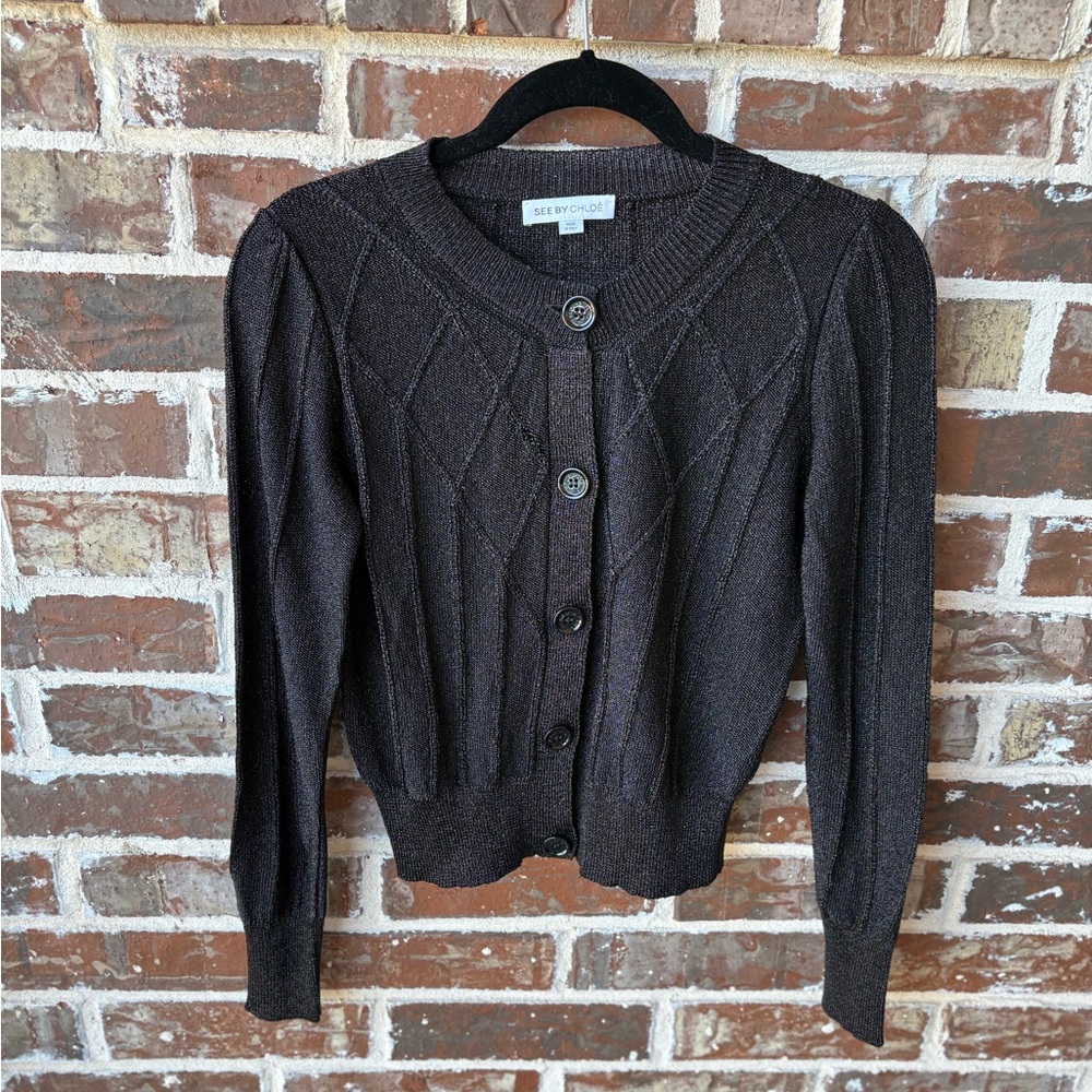 See by Chloe Black Metallic Argyle Cardigan Sweater Size 6 - Picture 15 of 15